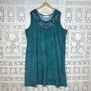 Vtg Anthony Richards Green Floral Embroidered Velour Sleeveless Midi Dress 3X